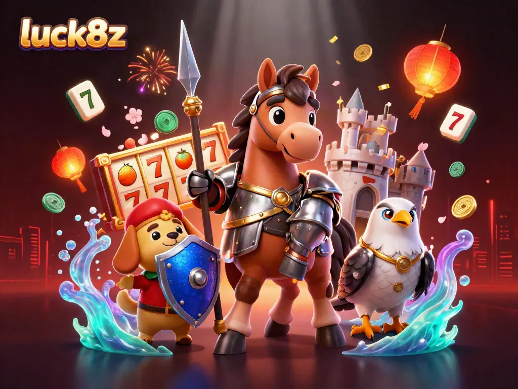 Spin and win with luck8z in a vibrant casino-themed 3D illustration featuring knights and magical symbols.