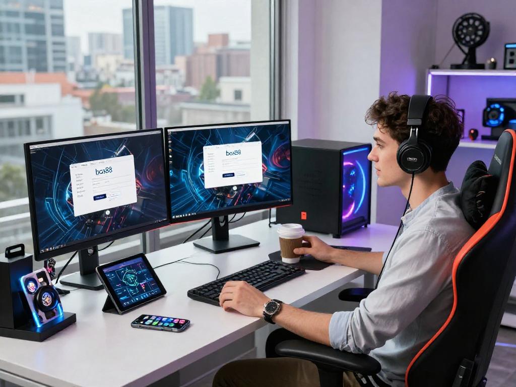 Proses bos88 login dalam lingkungan kerja gaming modern dengan perangkat dan suasana inspiratif.