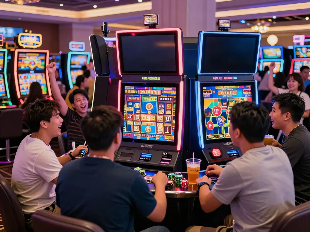 Exciting casino moment with players enjoying สล็อต machines and vibrant atmosphere.