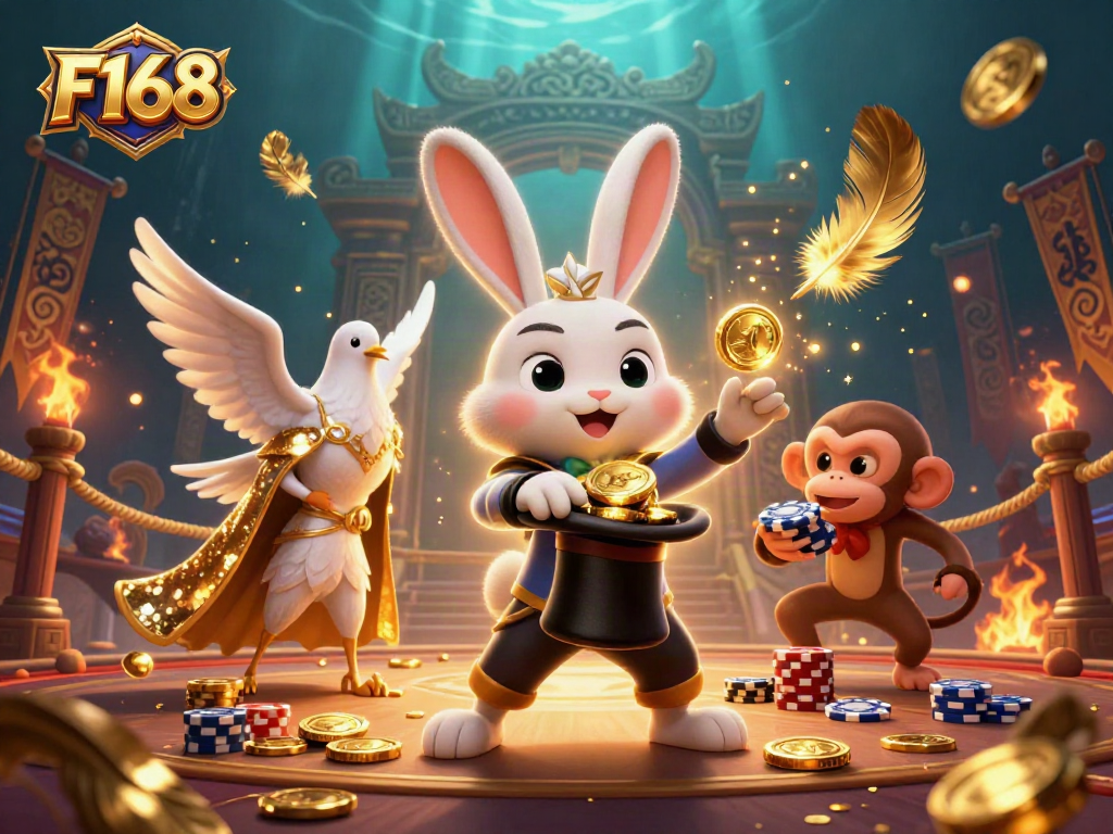 Engage with F168's magical gaming experience as a magician rabbit conjures coins amidst a vibrant casino scene.