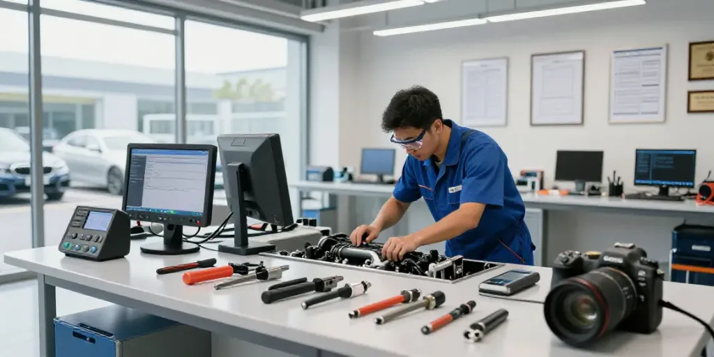 Expert mechanic working in a bmw werkstatt hannover with diagnostic tools and clean workspace.