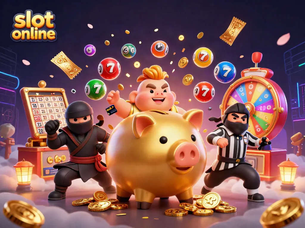 Experience thrilling gameplay with slot online's dynamic scenes of coins, jackpots, and vibrant casino elements.