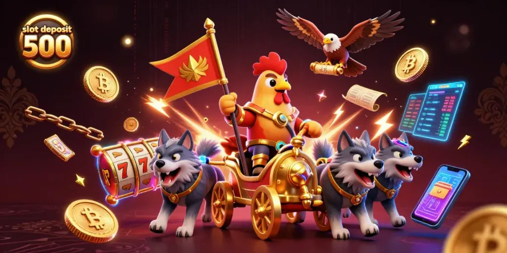 Spin the reels with slot deposit 500 for exciting wins and bonuses in this dynamic casino illustration.