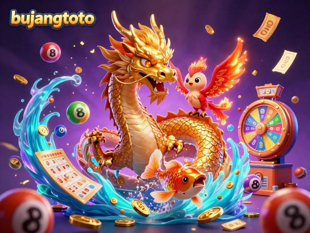 Experience the thrill of bujangtoto gaming with a golden dragon, phoenix, and koi fish surrounded by vibrant casino elements.