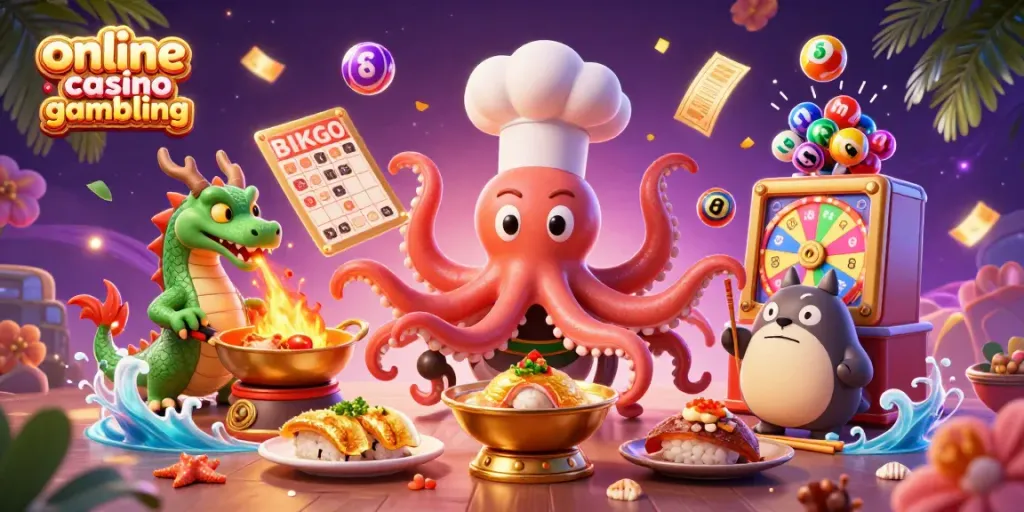 Engaging scene featuring online casino gambling elements with an octopus chef, dragon, and tanuki amidst vibrant gaming symbols.