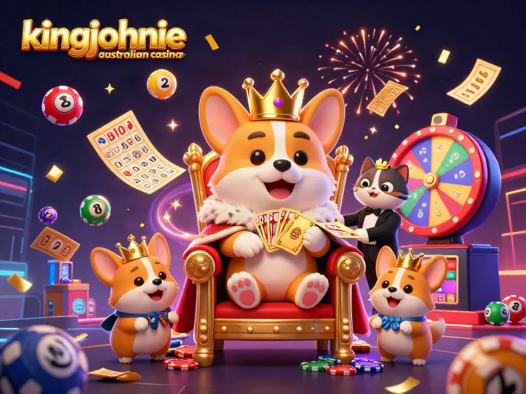 Engage with kingjohnnie australian casino through vibrant lottery and poker excitement in an illustrated scene.