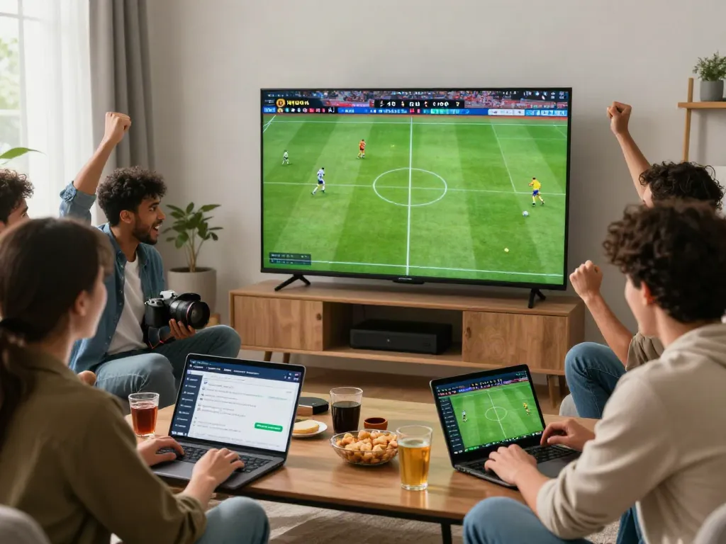 Friends analyzing WWBOLA odds while watching a live soccer match.