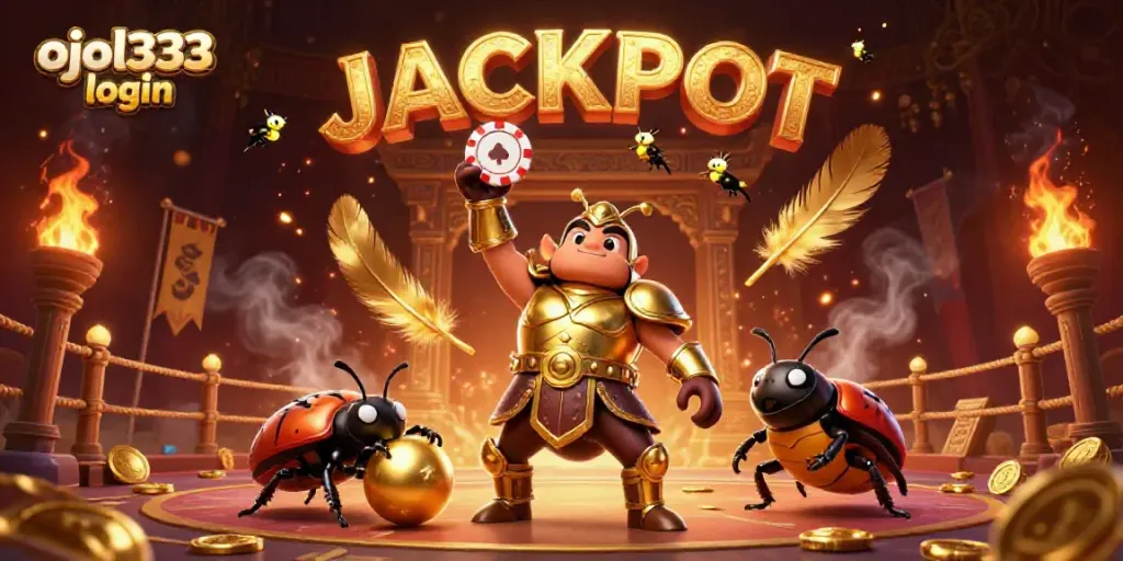 Win big at ojol333 login with a vivid scene showcasing a victorious beetle and dynamic gaming ambiance.