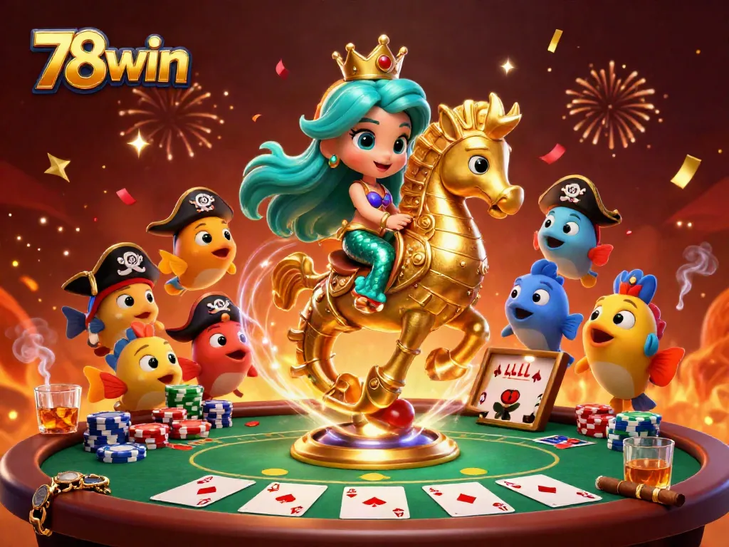 Engage at 78win with a vibrant 3D casino scene featuring a mermaid princess and poker action.
