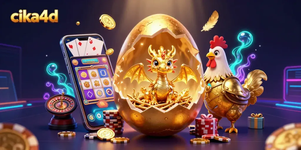 Experience thrilling gameplay with cika4d's colorful slot game features surrounding a golden baby dragon and poker chips.