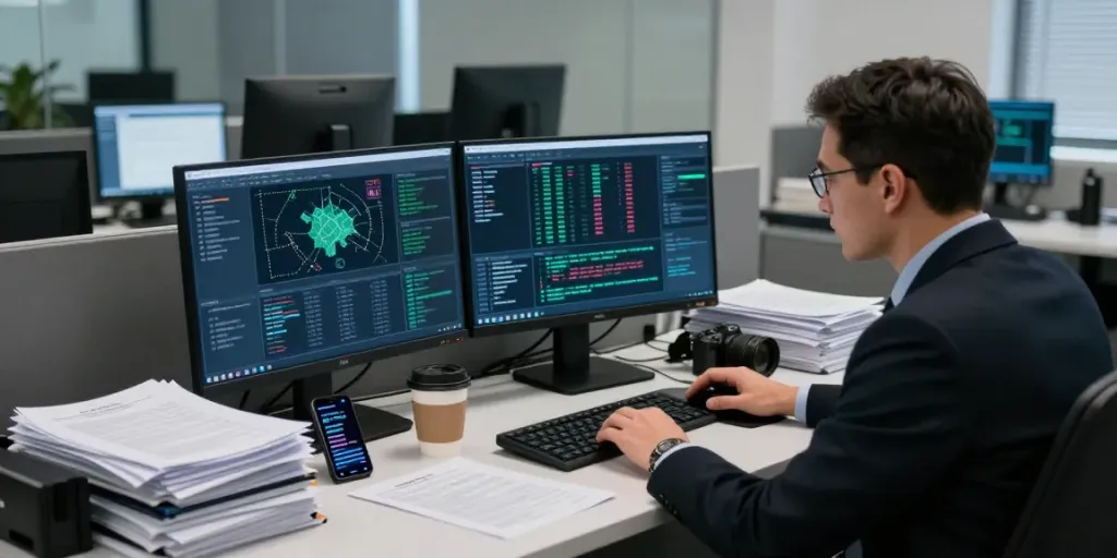 Cybercrime investigation setup with an analyst examining data on multiple screens in a modern office environment.