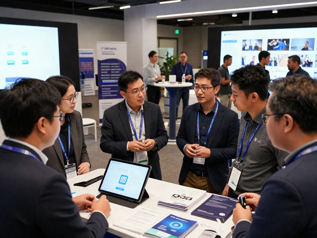 Fintech professionals exploring the slot qris 5k technology at a digital payment event, engaging and innovative atmosphere.