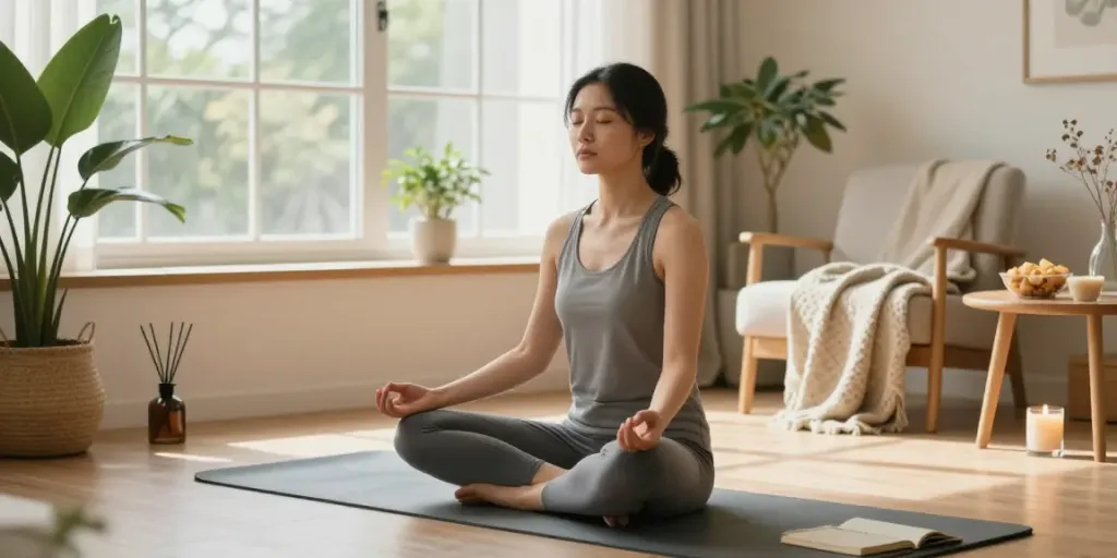 Person practicing meditation for mental clarity in a serene home setup with Selank.