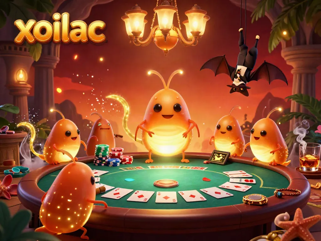 Join the exciting gambling scene at Xoilac with vibrant glowworms illuminating a casino.