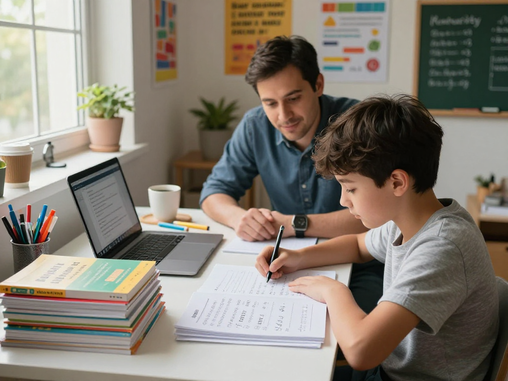 11 plus exam tutors near me helping a student in a cozy home study setting with books and online resources.