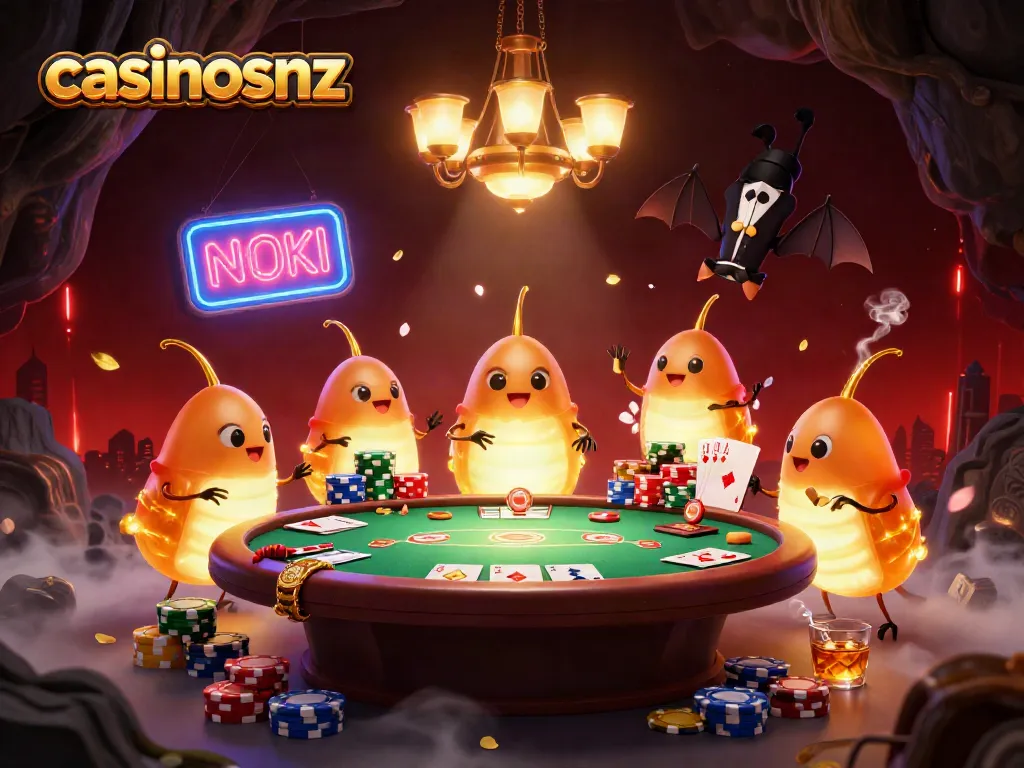 Engage with casinosnz in this lively illustration featuring glowing worms and a bat dealer at a vibrant casino table.