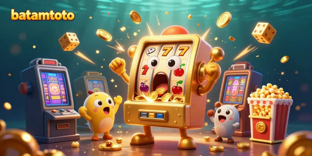 Experience the thrill of batamtoto as the golden slot machine hits the jackpot with coins pouring out.