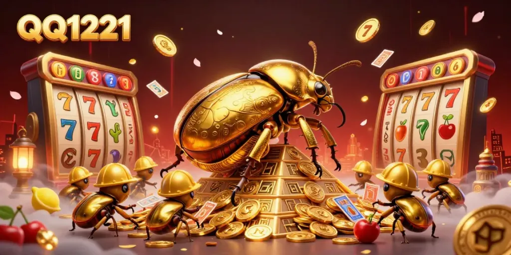 Experience QQ1221 with engaging gambling elements, including slots and vibrant symbols in this dynamic scene.