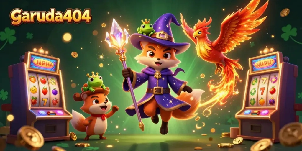 Experience the excitement of garuda404 with dynamic slot machines and magical characters in a vibrant casino scene.