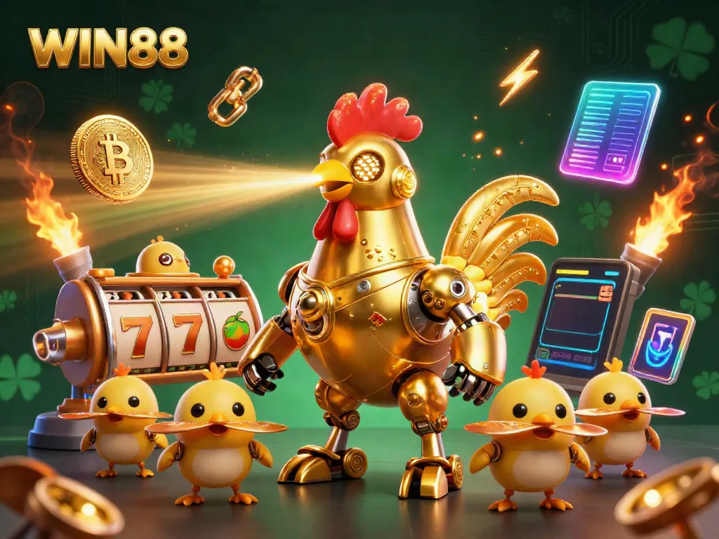 Engage in WIN88 gaming with a dynamic scene of a golden rooster robot and baby chick drones.