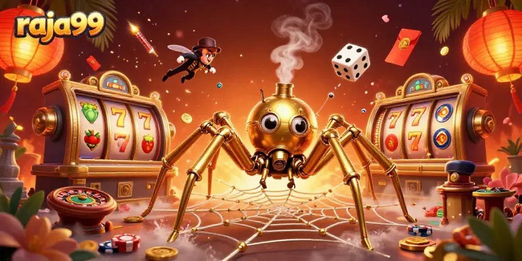 Experience raja99's thrilling casino action with a golden spider and charming fly amidst vibrant game elements.