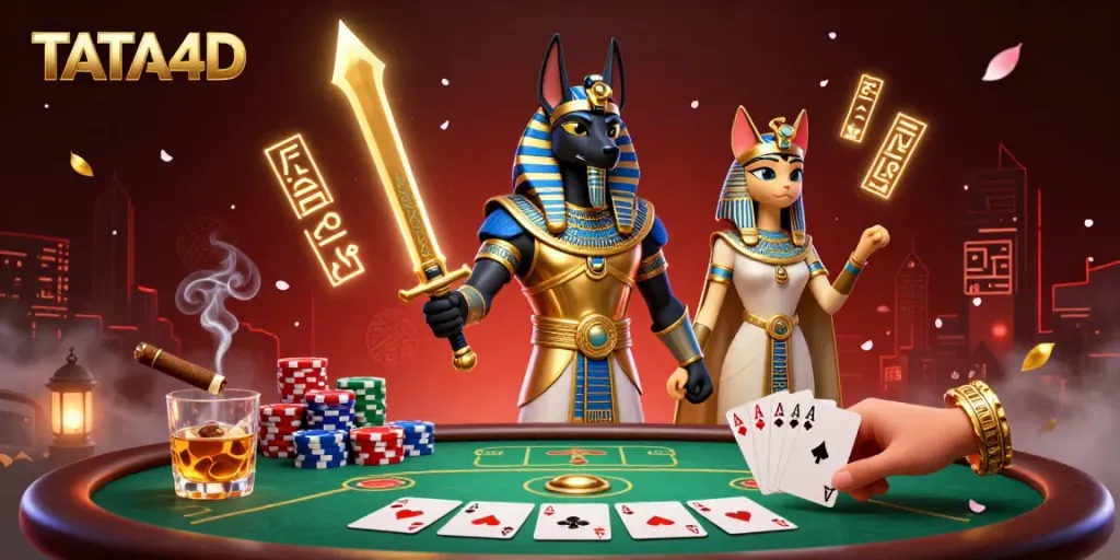 TATA4D's vibrant digital casino scene with Anubis and Bastet amidst poker elements and gaming atmosphere