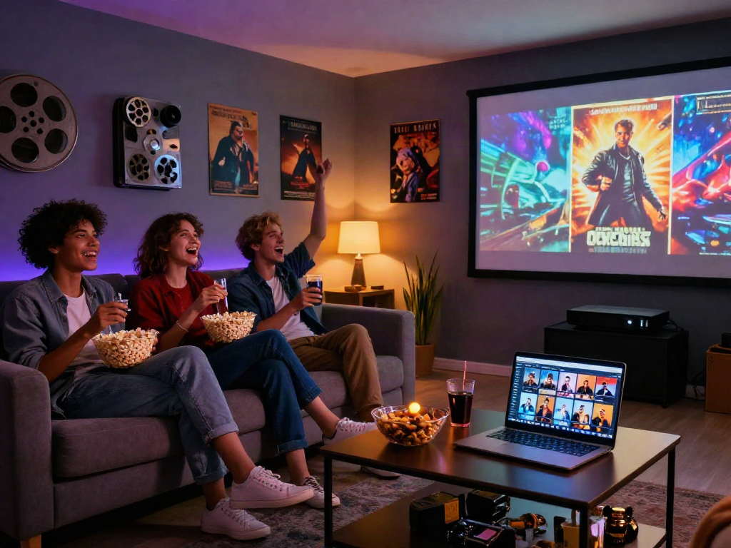 Friends enjoying a movie night with Moviebox app in cozy home theater setting.