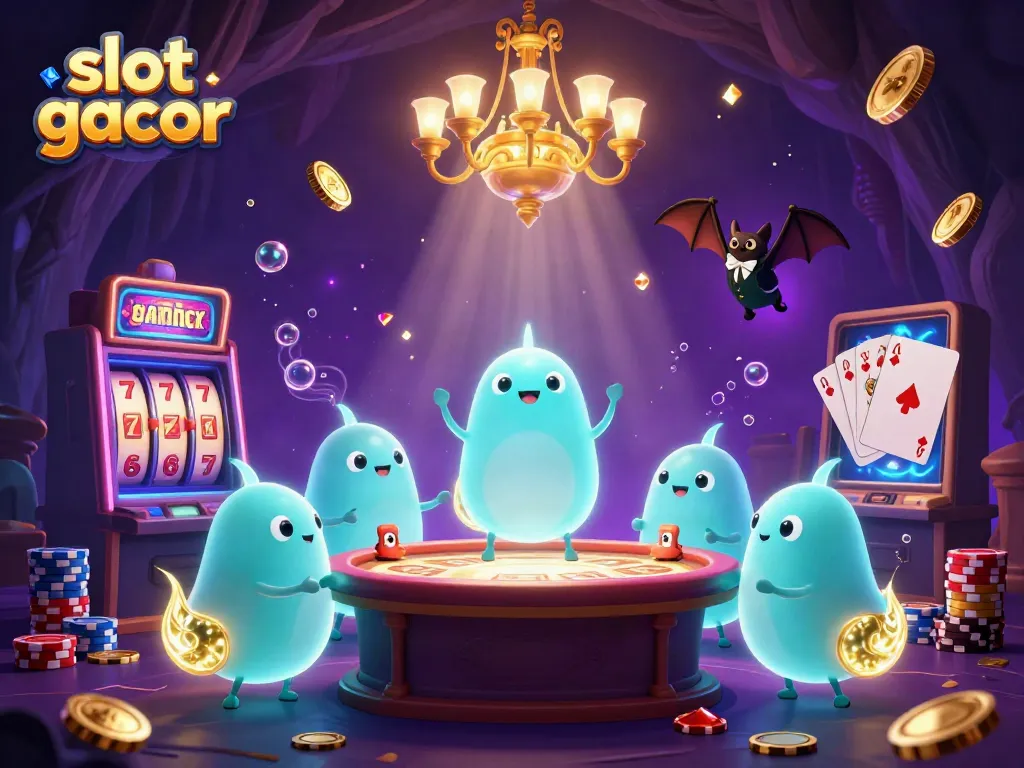 Experience the thrill of slot gacor with vibrant glowworms illuminating a cave casino scene.