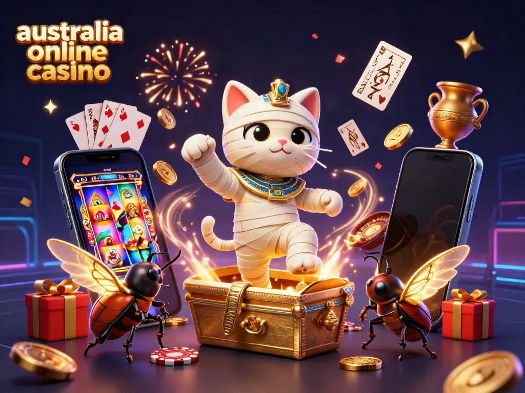 Experience excitement at the australia online casino with a vibrant scene featuring a mummy cat, scarab, and slot games.