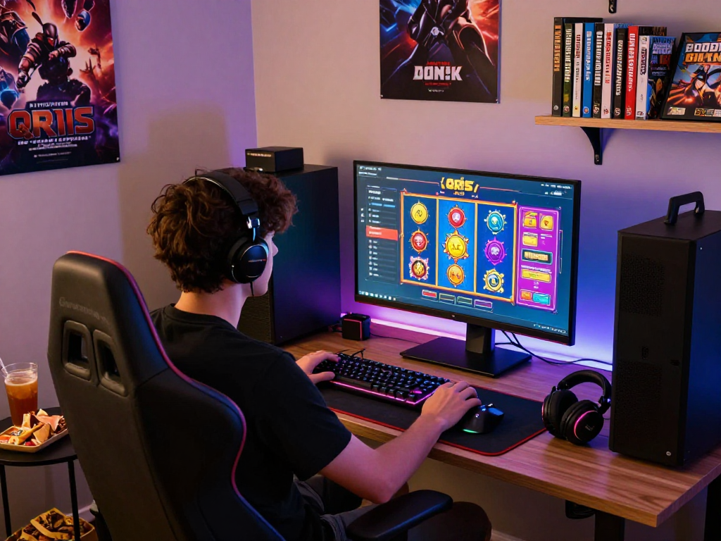 Gamer enjoying a vibrant slot qris game interface with accessories and cozy setup
