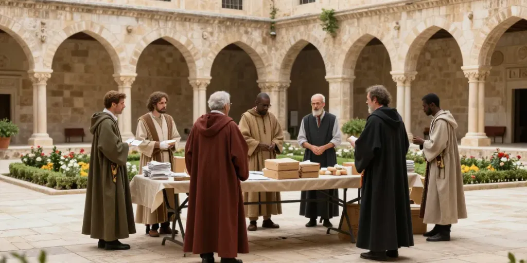 Membres de l'Ordre militaire et hospitalier de Saint-Lazare de Jérusalem discutant de leur engagement dans un cadre historique ensoleillé.