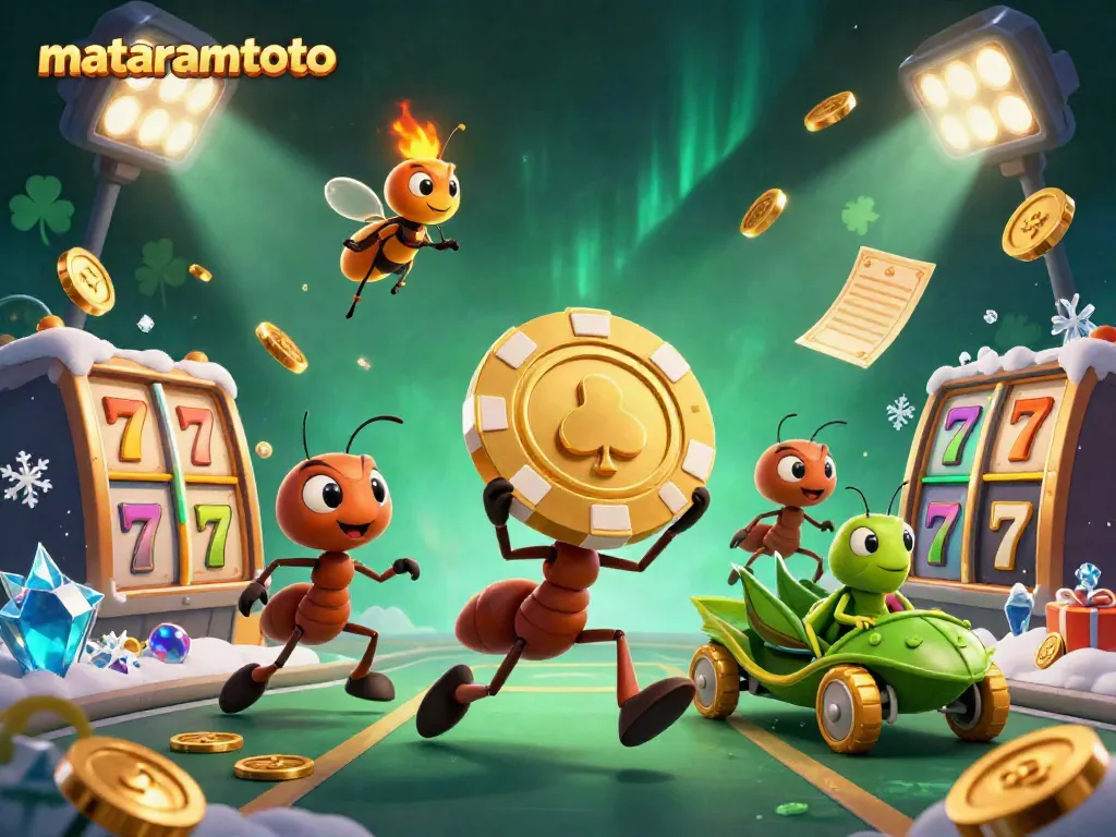 Experience the thrill of gambling with mataramtoto as cartoon ants carry a giant poker chip amidst casino elements.