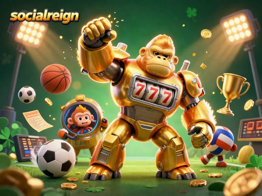 Engage in thrilling sports betting with socialreign's dynamic scene featuring an energetic golden gorilla mech.