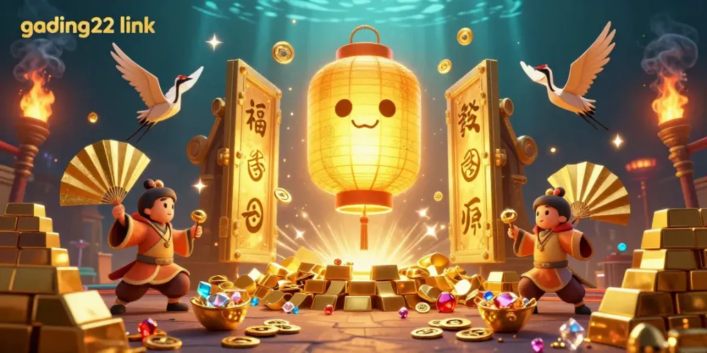 Experience the thrill at gading22 link with this vibrant casino illustration depicting a magical lantern spirit and treasure.