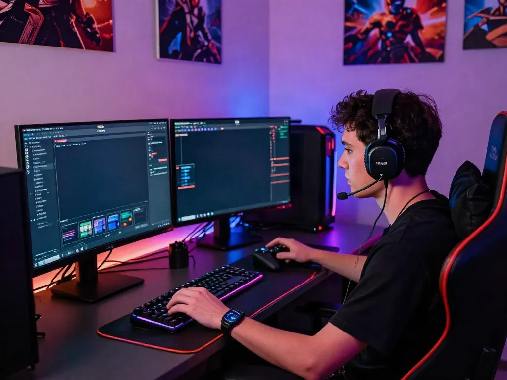 Immersive gaming experience at Batman138 platform with high-tech setup and vibrant lighting.