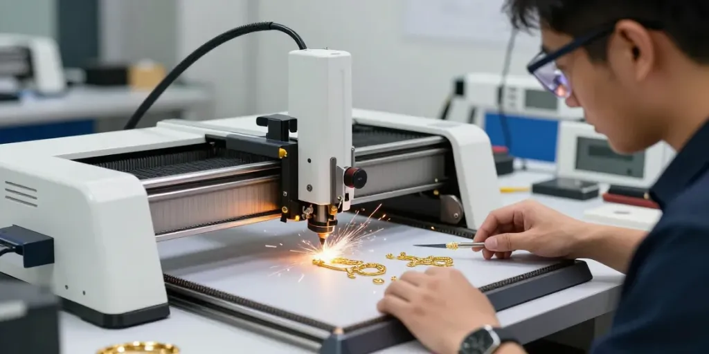 Teknisi EMAS88 menggunakan mesin laser untuk membuat perhiasan berkualitas tinggi.