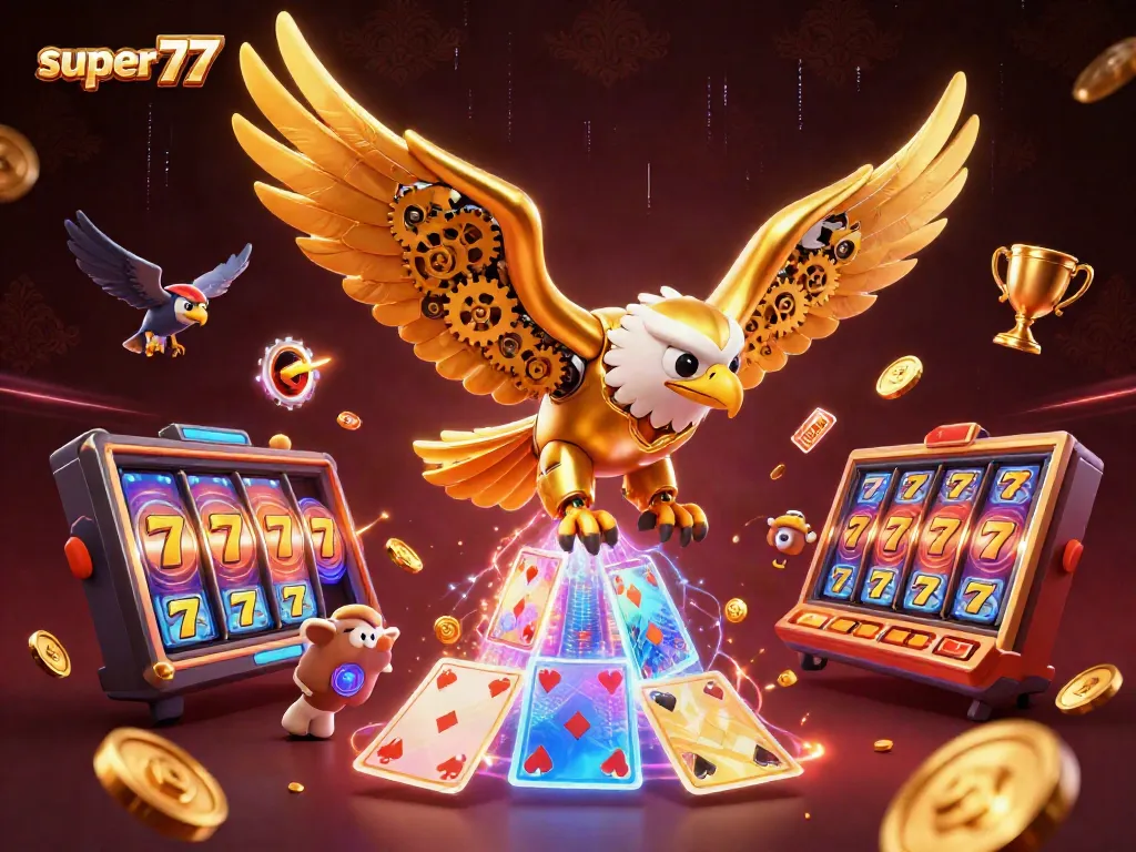 Experience the thrill of super77 slot games with the golden eagle and holographic symbols.