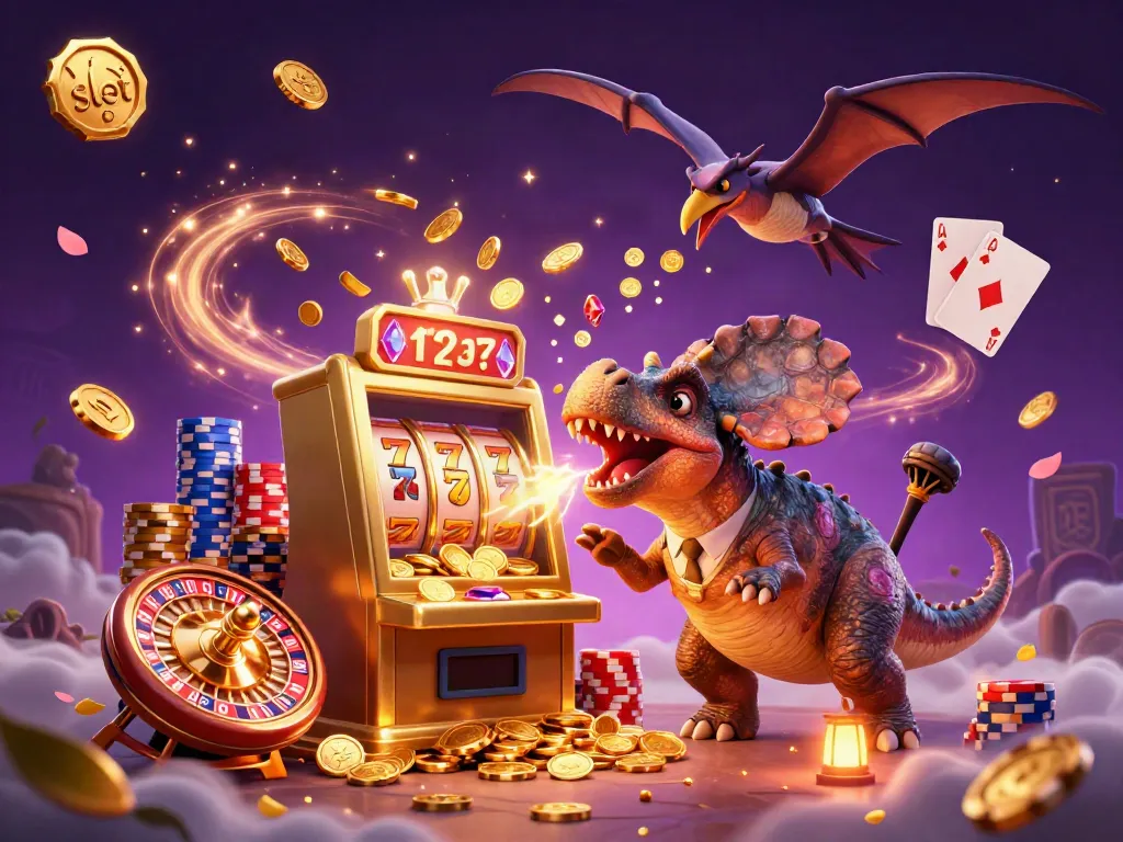 View a vibrant 3D scene where a pachycephalosaurus triggers a jackpot on a slot machine, showcasing fun casino elements.