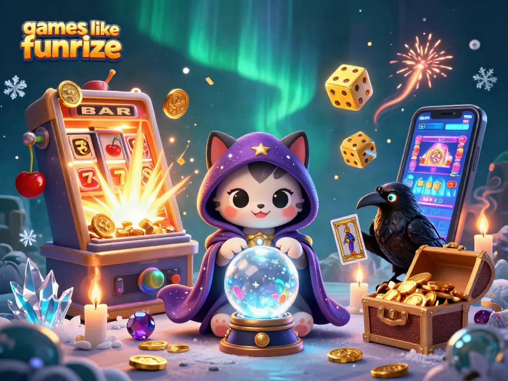Play games like funrize with thrilling casino symbols, revealing hidden treasures in a rich illustration.