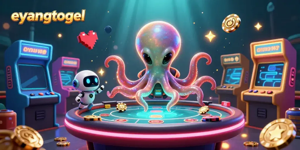 Experience eyangtogel's thrill with an alien octopus controlling a holographic poker table amidst vibrant game elements.