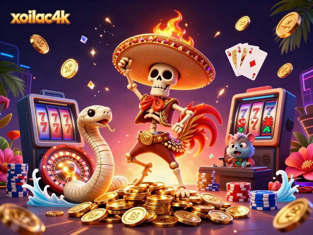 Spin and win with xoilac4k, featuring vibrant characters and casino elements in action.