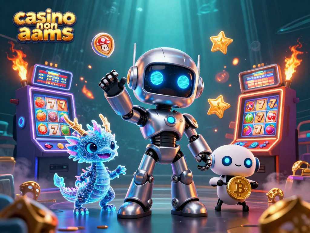 Gioca nel casino non aams con una scena vivace di robot e macchine slot in un'illustrazione colorata.