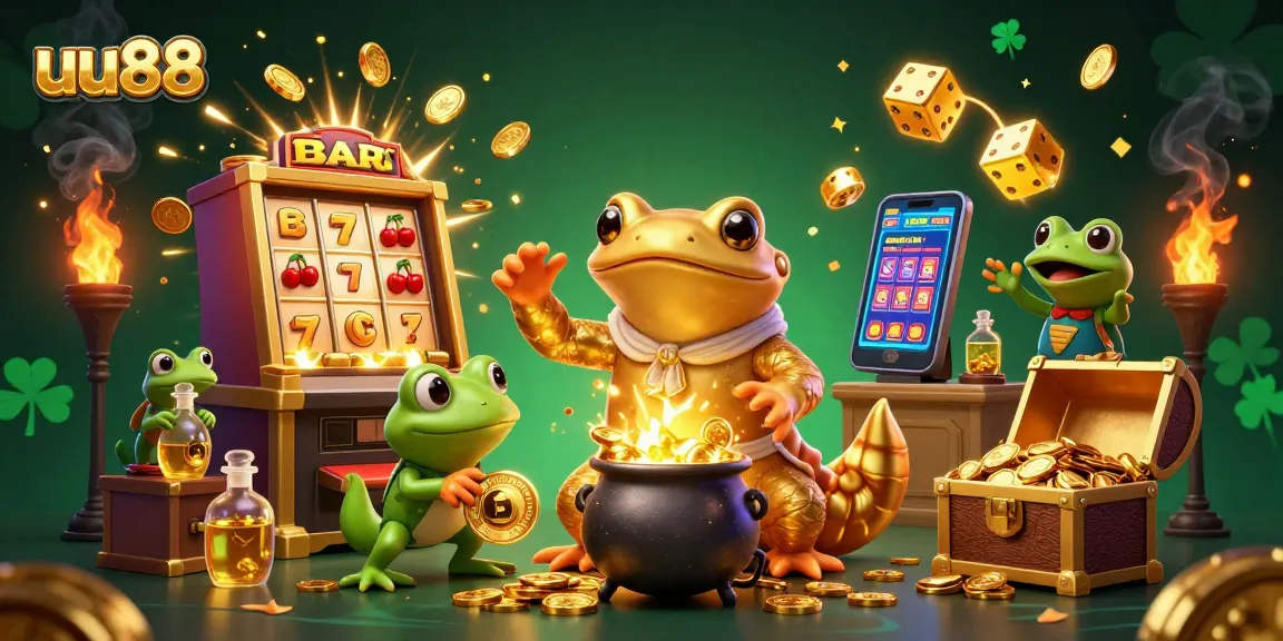 uu88 showcases a dynamic scene with a golden salamander alchemist and vibrant casino elements.