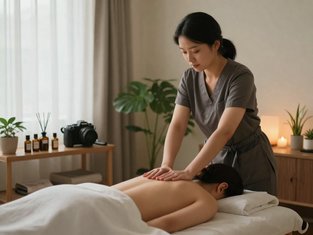 신림출장마사지 session in a serene home setting, therapist providing a relaxing massage.
