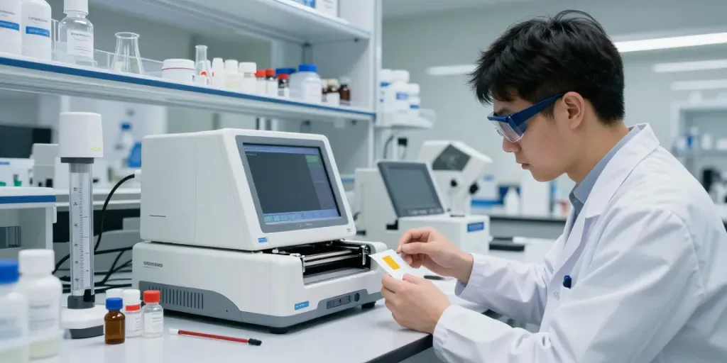 Researcher analyzing tesa/ipa blend in a modern laboratory setting
