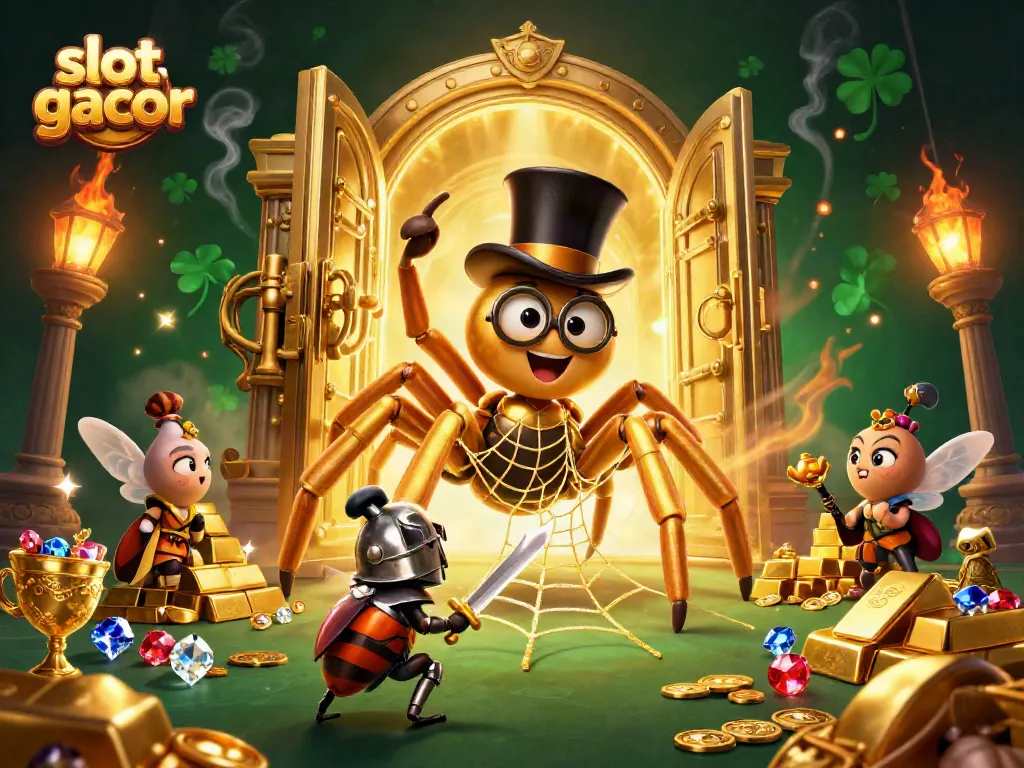 Experience thrilling slot gacor gaming with a vibrant 3D illustration of a golden tarantula and knight.