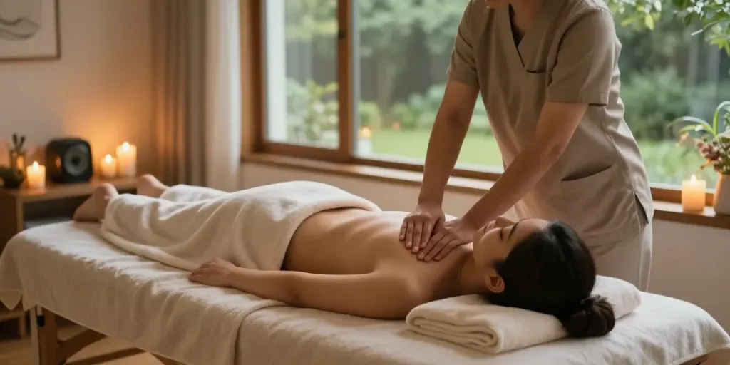 송파출장안마 session with professional therapist in a serene home setting enhancing relaxation.