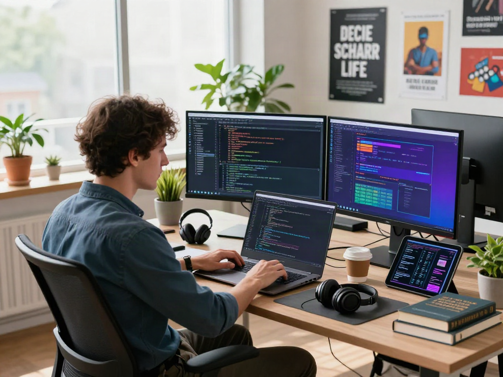 Developer coding on multiple screens in a modern workspace featuring pikashow applications and tech gadgets