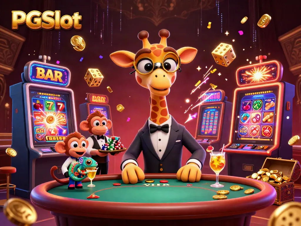 Spin the reels on PGSlot with our charming giraffe high-roller and friends in a vibrant casino setting!