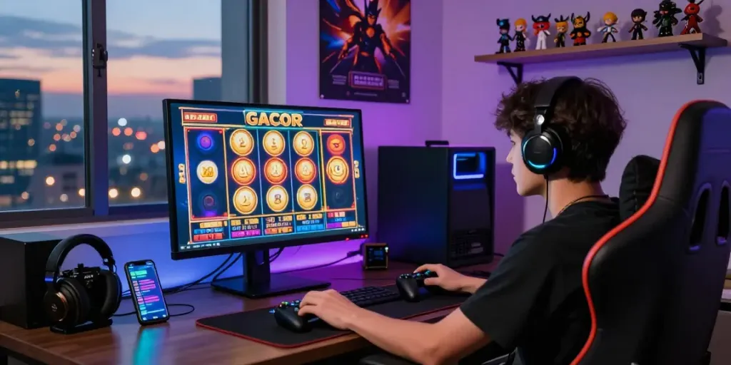 Engaging scene of a player immersed in slot online gacor game, modern desk setup with vibrant graphics and gaming accessories.